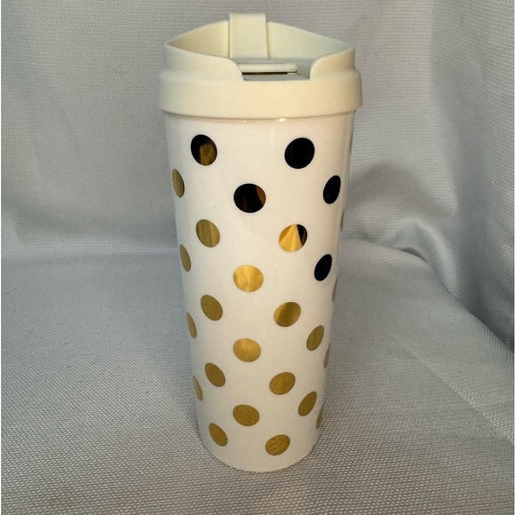 Kate Spade White & Gold Polka Dot 16 oz Coffee Cup/Tumbler EUC - Picture 2 of 6